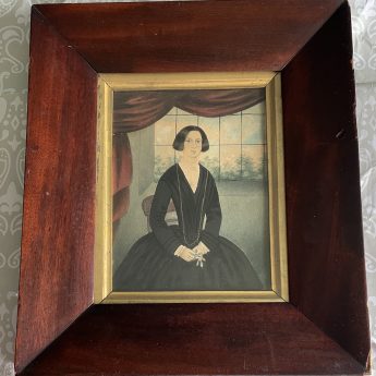 Naive School watercolour portrait of a lady seated by a window