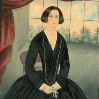 Naive School watercolour portrait of a lady seated by a window