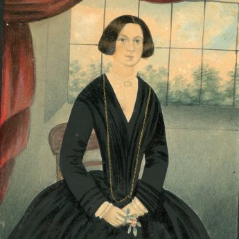 Naive School watercolour portrait of a lady seated by a window