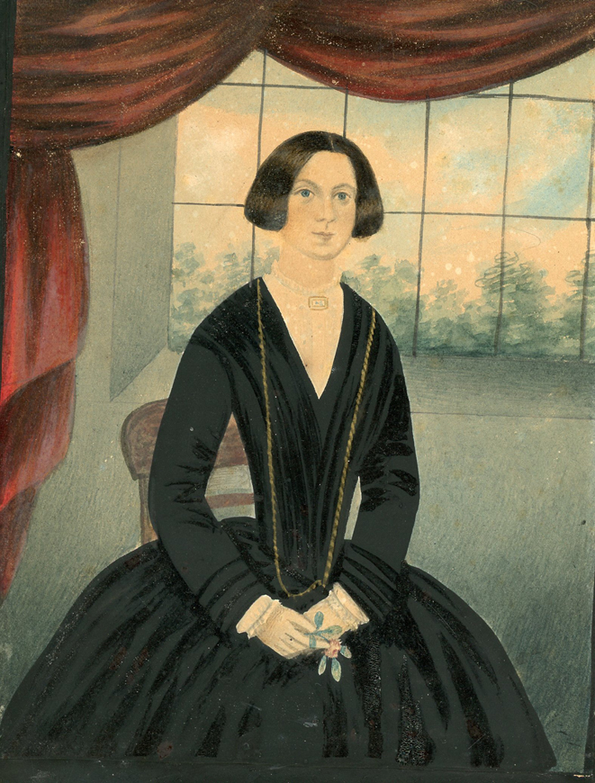 Naive School watercolour portrait of a lady seated by a window