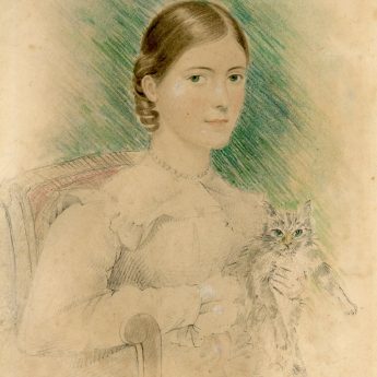 Watercolour and pencil portrait of a lady holding a tabby cat
