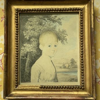 Small pair of watercolour portraits of children in a garden landscape