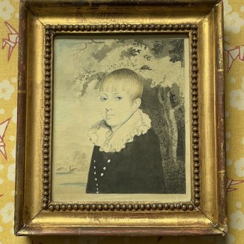 Small pair of watercolour portraits of children in a garden landscape