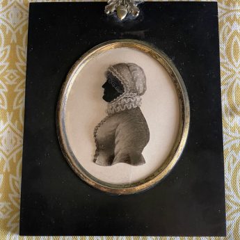 Hinton Gibbs, silhouette reverse painted on glass with a trade label