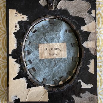 Hinton Gibbs, silhouette reverse painted on glass with a trade label
